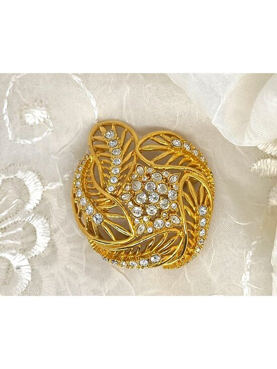 Estate Style Jewelry - QVC Estate Style~ Crystal Rhinestone Leaf Domed Gold Tone Pin/Brooch Signed